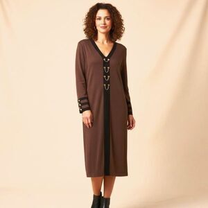 Mita Vintage Chocolate & Black Gold Button Accents Kringle Spun Knit Midi Dress
